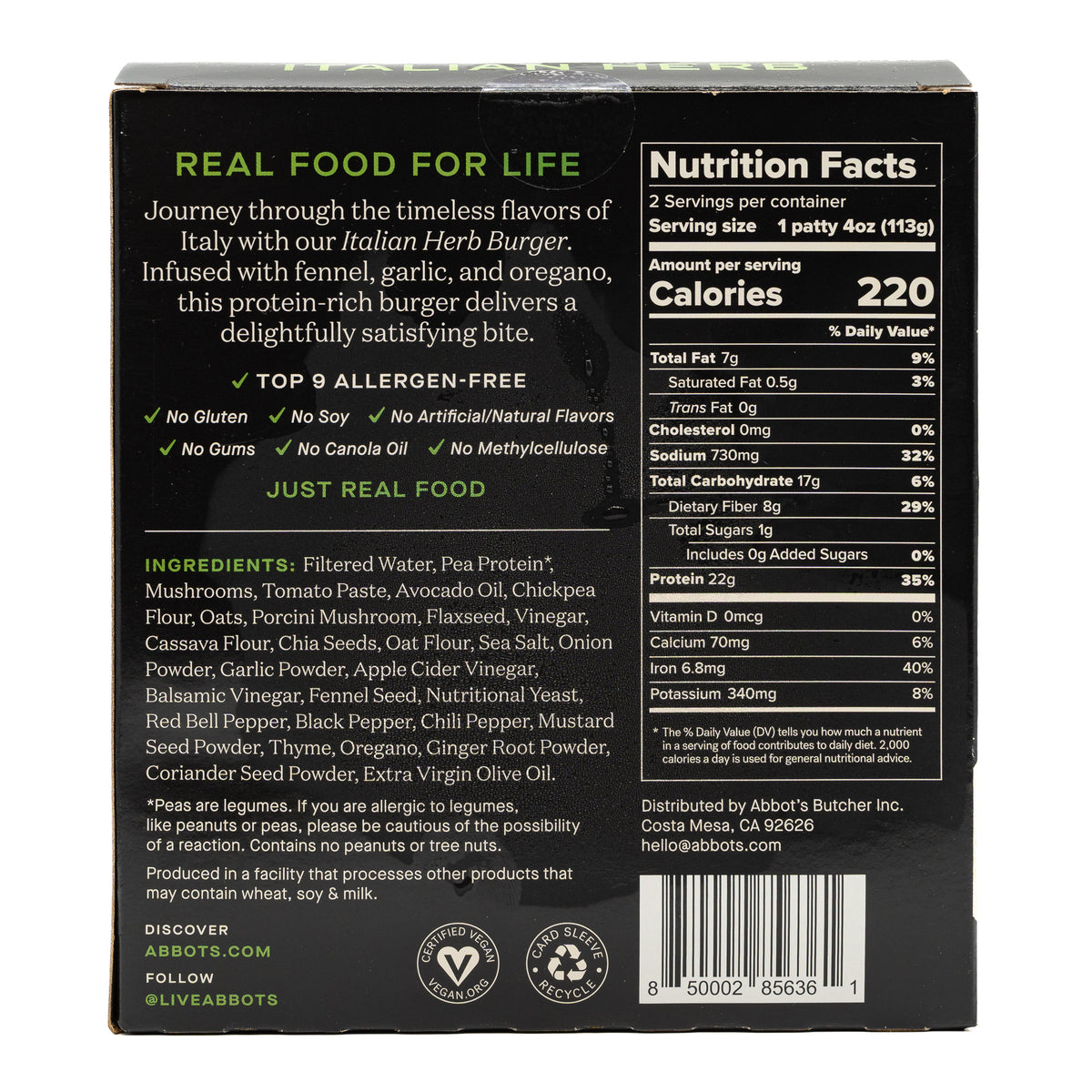 Abbots Butcher Veggie Burger Italian Herb